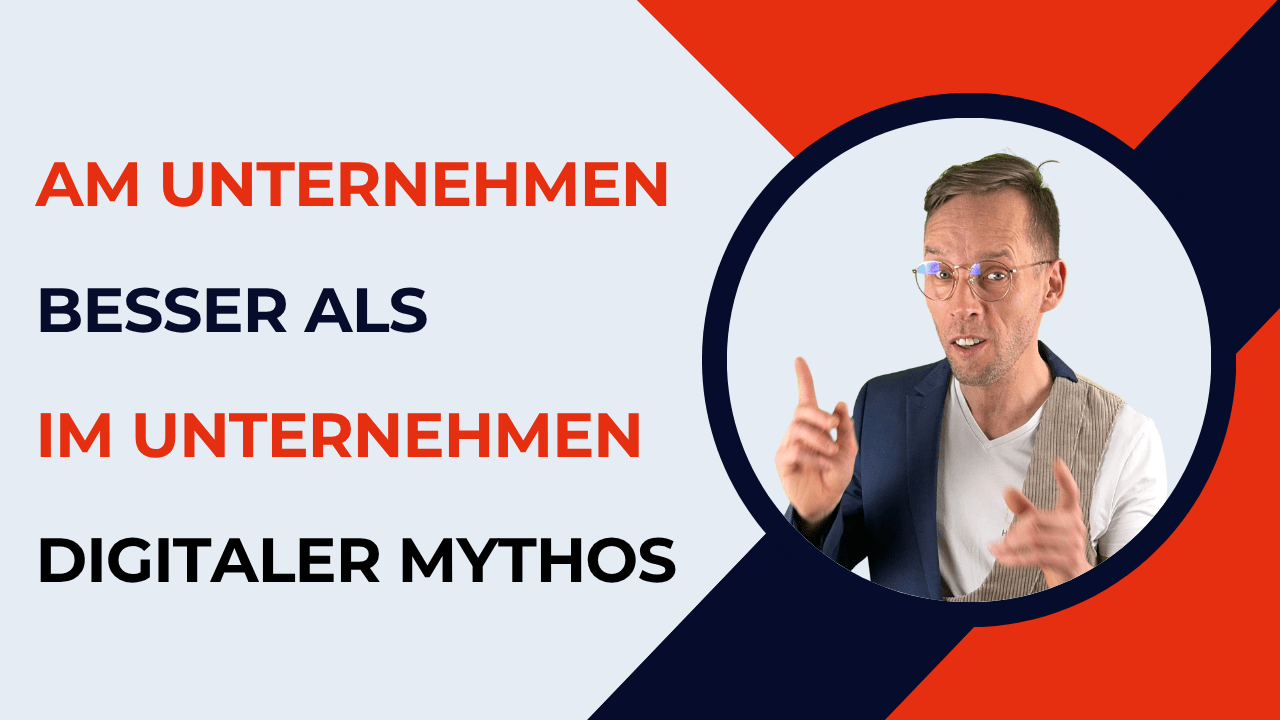 Henry hat einen fragenden Blick neben dem Text „Am Unternehmen besser als im Unternehmen Digitaler Mythos“.