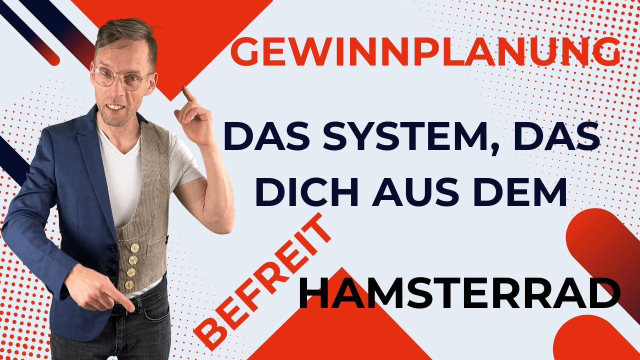 Henry zeigt nach oben und unten neben dem Text „Gewinnplanung, das System, das dich aus dem Hamsterrad befreit“.