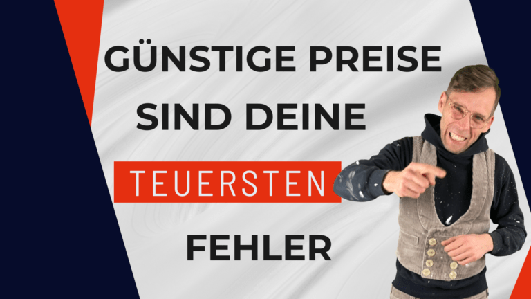 Grafik mit Henry in Arbeitskleidung und dem Text „Günstige Preise sind deine teuersten Fehler“.