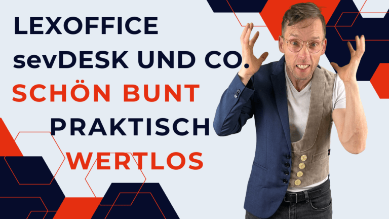 Henry mit erhobenen Händen neben dem Text „Digitale Buchhaltung mit Lexoffice, sevDesk und Co., schön bunt, praktisch wertlos“.