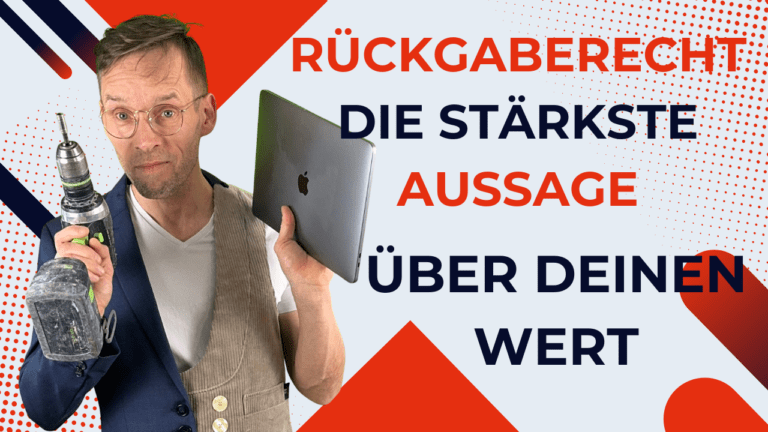 Henry hält einen Akkuschrauber und ein Laptop neben dem Text „Rückgaberecht, die stärkste Aussage über deinen Wert“.