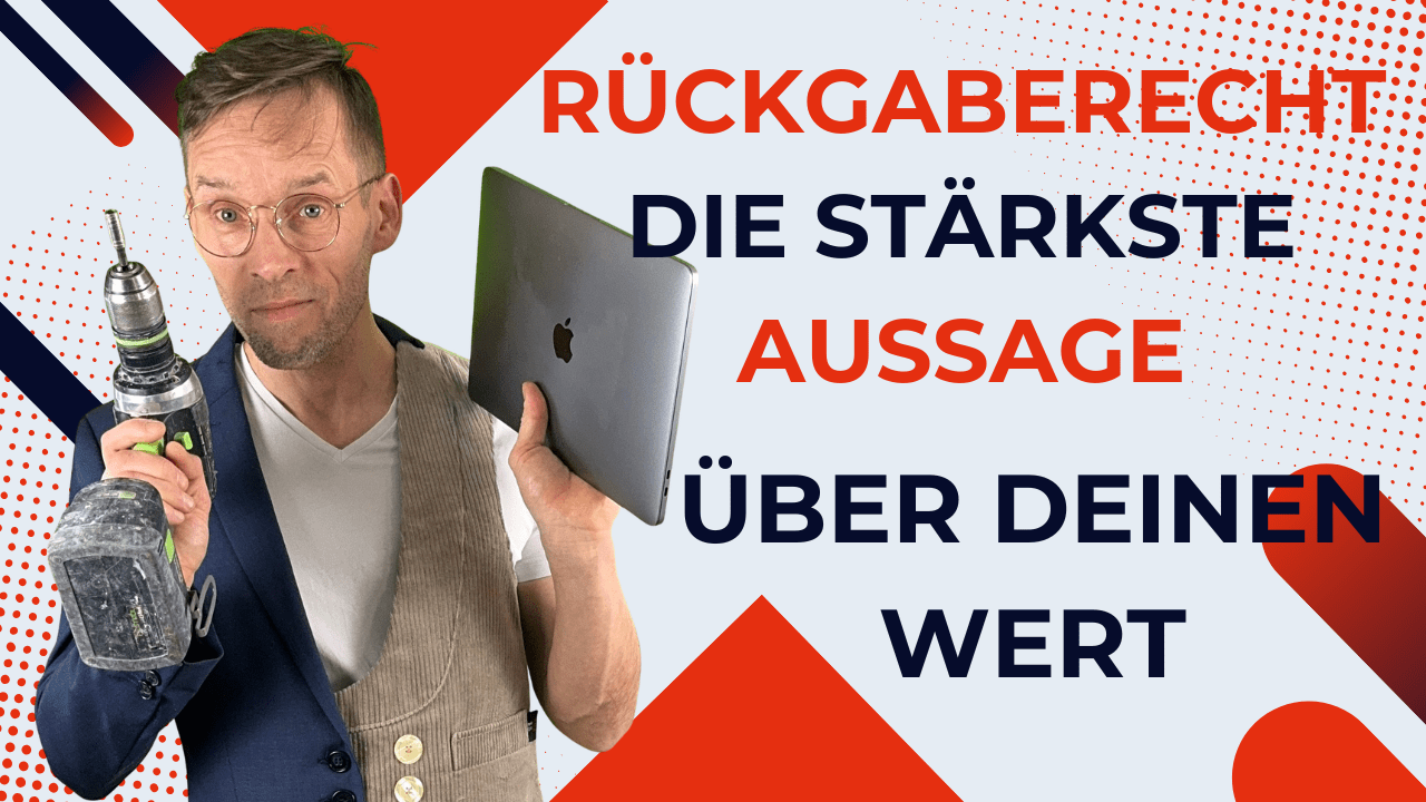 Henry hält einen Akkuschrauber und ein Laptop neben dem Text „Rückgaberecht, die stärkste Aussage über deinen Wert“.