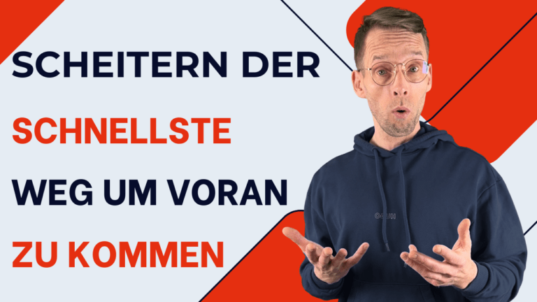 Henry mit offenem Gesichtsausdruck und offenen Händen neben dem Text „Scheitern, der schnellste Weg, um voranzukommen“.