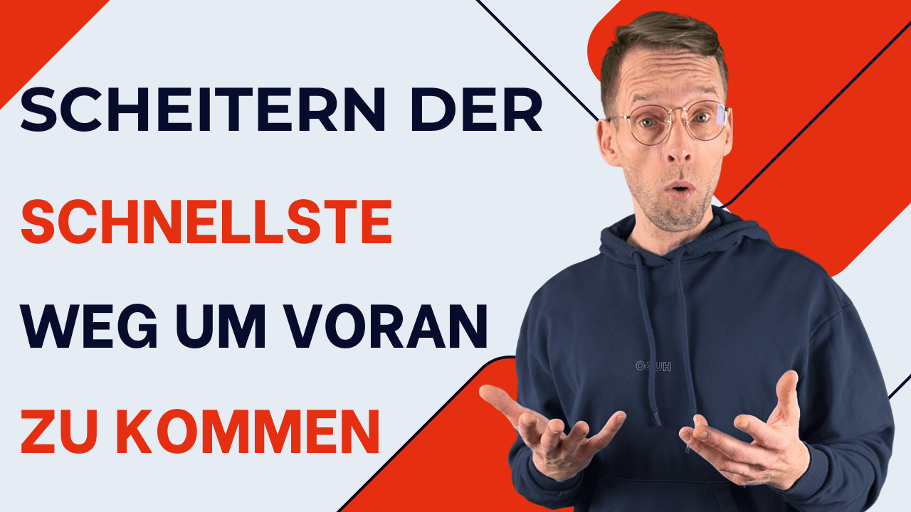 Henry mit offenem Gesichtsausdruck und offenen Händen neben dem Text „Scheitern, der schnellste Weg, um voranzukommen“.