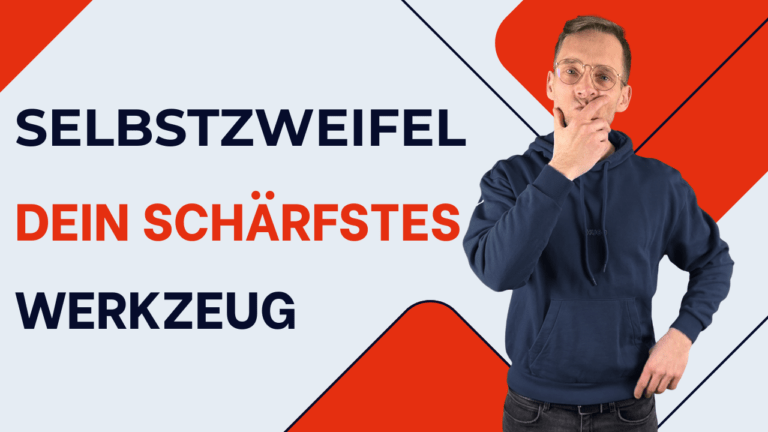 Henry mit nachdenklicher Hand am Gesicht neben dem Text „Selbstzweifel, dein schärfstes Werkzeug“.