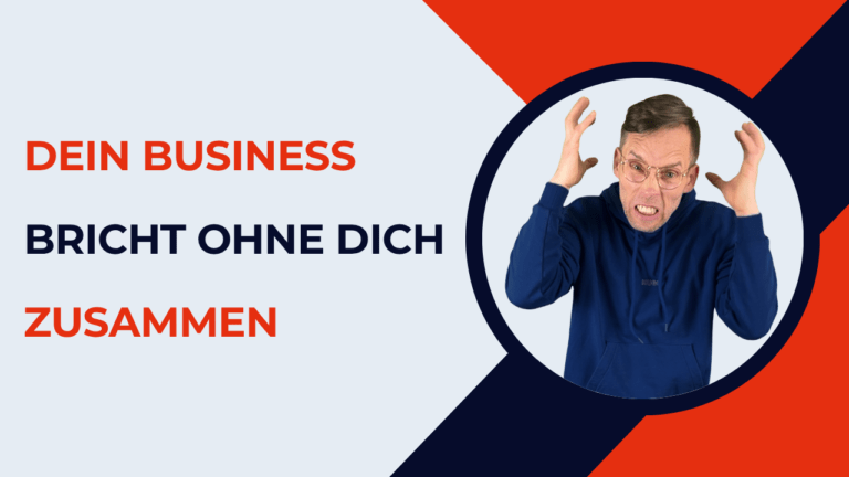 Henry mit angespanntem Gesichtsausdruck und erhobenen Händen neben dem Text „Dein Business bricht zusammen,ohne dich“.