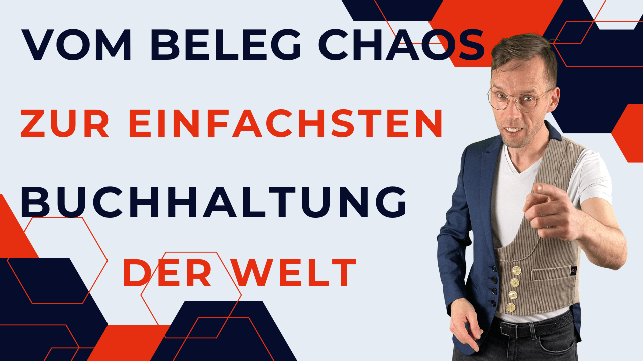 Henry zeigt direkt nach vorn neben dem Text „Vom Belegchaos zur einfachsten Buchhaltung der Welt“.