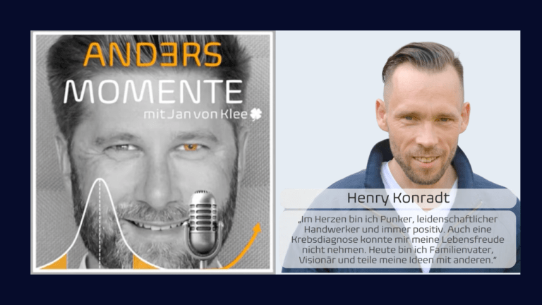 Podcast Thumbnail von Andersmomente mit Jan von Klee mit Covergrafik links und Porträt von Gast Henry Konradt samt Kurzvorstellung rechts.