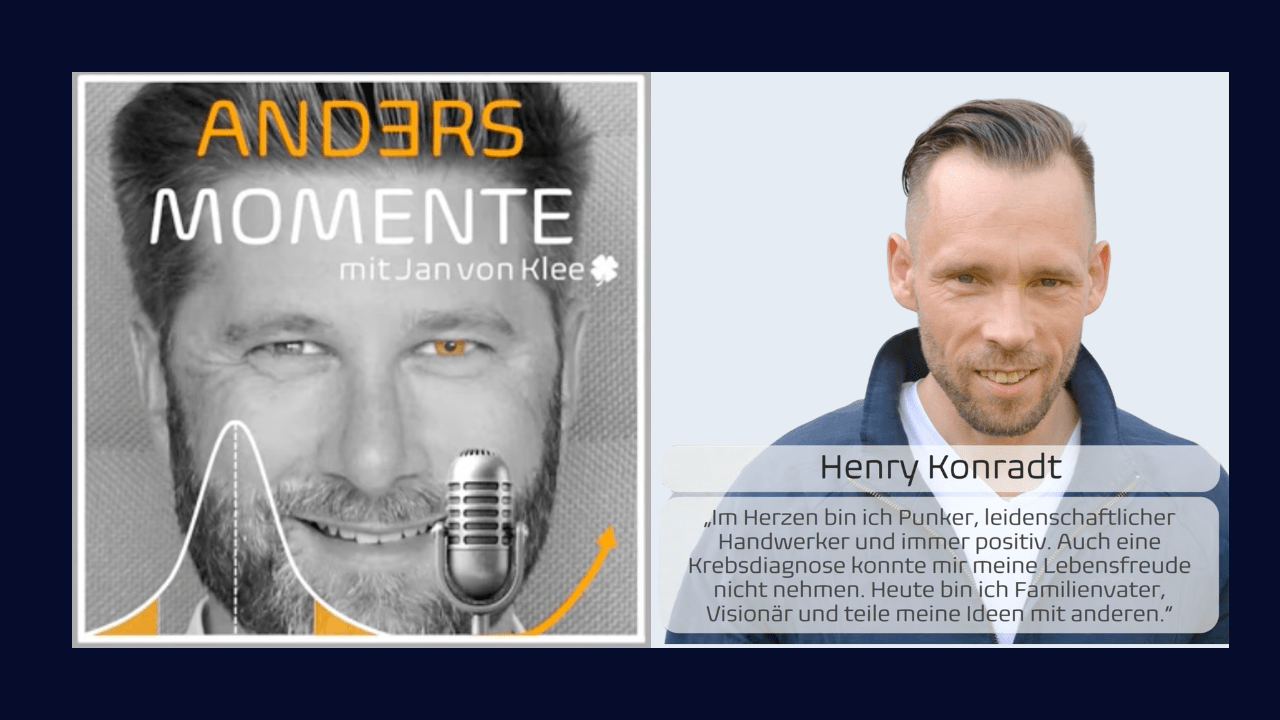 Podcast Thumbnail von Andersmomente mit Jan von Klee mit Covergrafik links und Porträt von Gast Henry Konradt samt Kurzvorstellung rechts.