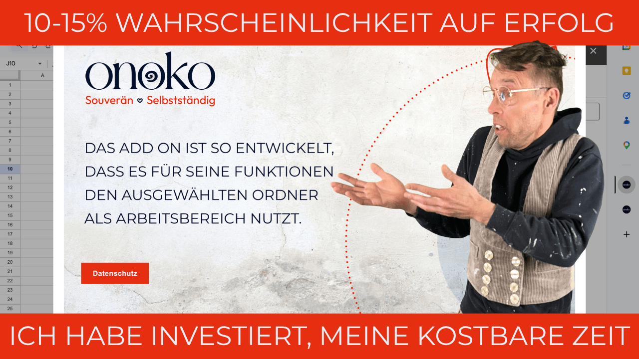 Onoko Grafik zur Google Add on Prüfung, Handwerker zeigt auf Datenschutzhinweis bei 10 bis 15 Prozent Wahrscheinlichkeit auf Erfolg